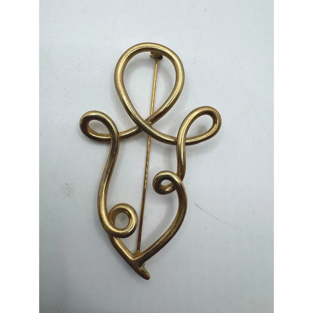 Vintage Abstract Gold Tone Sculptural Openwork Loop Brooch Pin Modernist Design